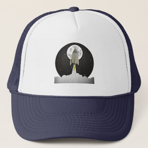 Round old rocket lift off trucker hat