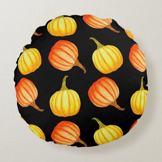 Round Orange and yellow pumpkin. Seamless watercol Round Pillow (Front)