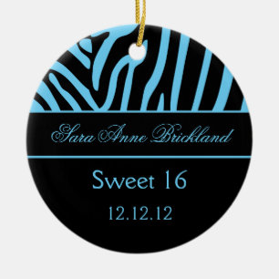Round Ornament Light Blue Black Zebra Sweet 16