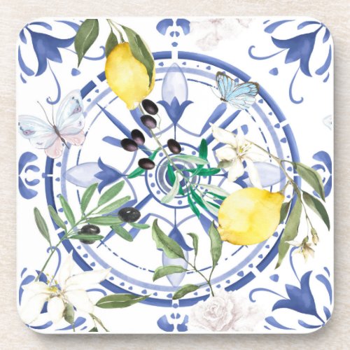 Roundornate Spanish tile mediterranean lemon Beverage Coaster