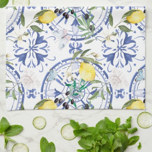 Roundornate Spanish tile mediterranean lemon Kitchen Towel