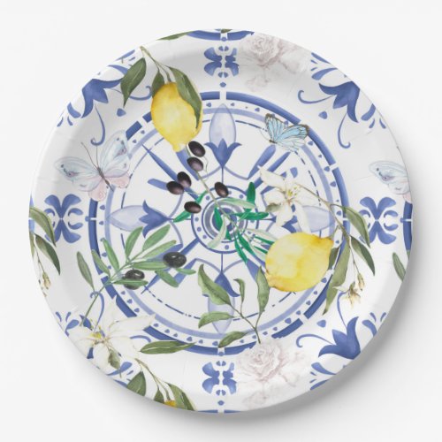 Roundornate Spanish tile mediterranean lemon Paper Plates