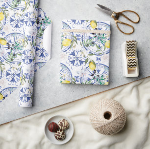 Round,ornate ,Spanish tile ,mediterranean ,lemon, Wrapping Paper