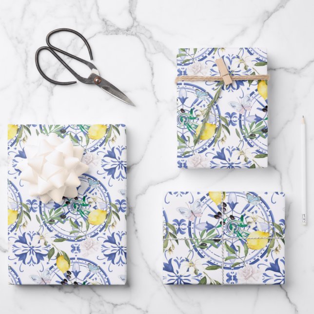 Round,ornate ,Spanish tile ,mediterranean ,lemon, Wrapping Paper Sheets (Front)