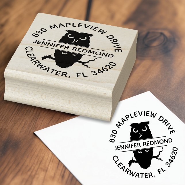 Round Owl Lover's Return Address Rubber Stamp (Wise Owl Returns: Round Owl Lover's Address Stamp 🦉)