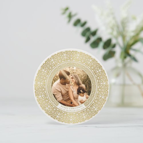 Round Oyster+Faux Gold Celtic Holiday Photo Card
