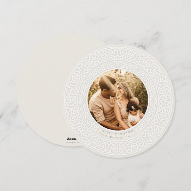 Round Oyster + Off White Celtic Holiday Photo Card (Front/Back)