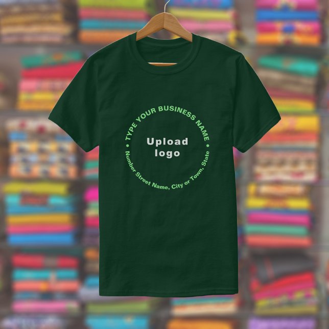 Round Pattern Business Brand Text on Forest Green T-Shirt (Depp forest green t-shirt with round pattern text business branding displayed in a store)