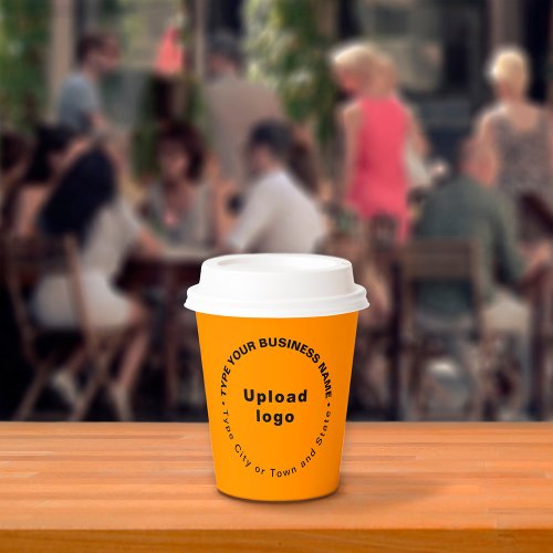 Round Pattern Business Brand Texts on Orange Color Paper Cups