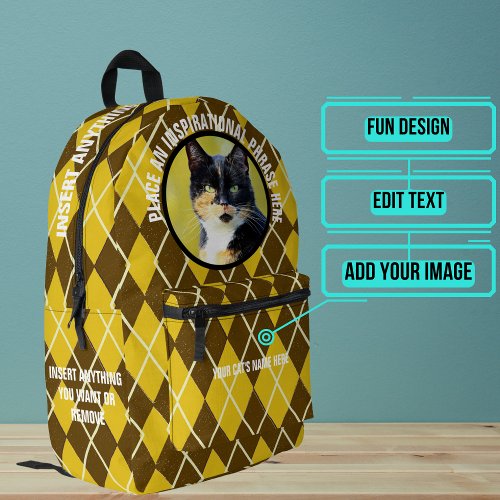 Round Photo and Text Argle Pattern Cat Printed Backpack