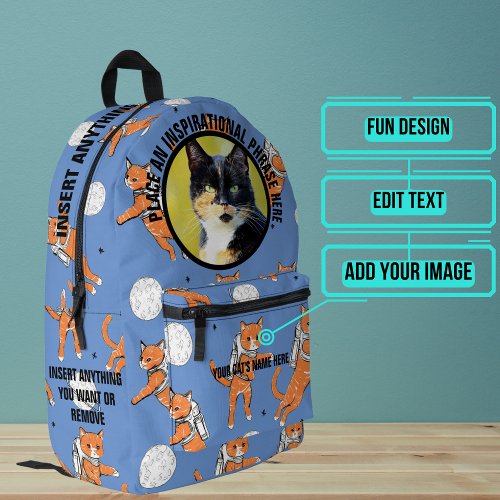 Round Photo and Text Blue Astronaut Cat Printed Backpack