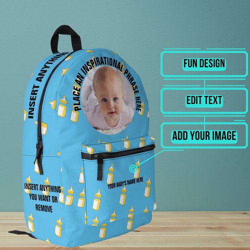 Round Photo and Text Blue Bottles Baby Printed Backpack