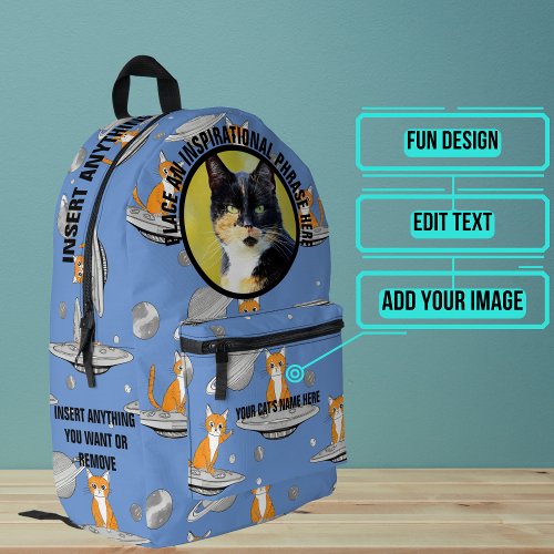 Round Photo and Text Blue Cats in Space Printed Backpack