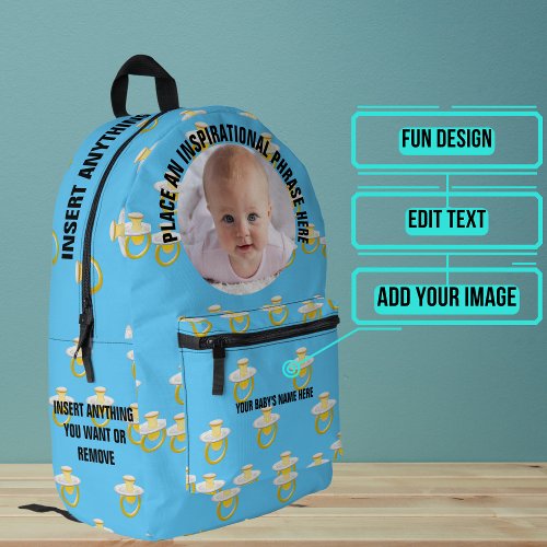Round Photo and Text Blue Pacifiers Baby Printed Backpack