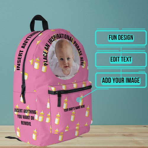 Round Photo and Text Pink Bottles Baby Printed Backpack