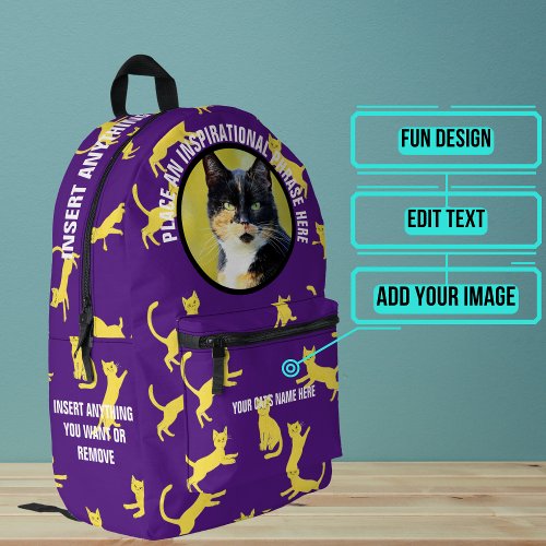 Round Photo and Text Purple Jumping Cat Printed Backpack