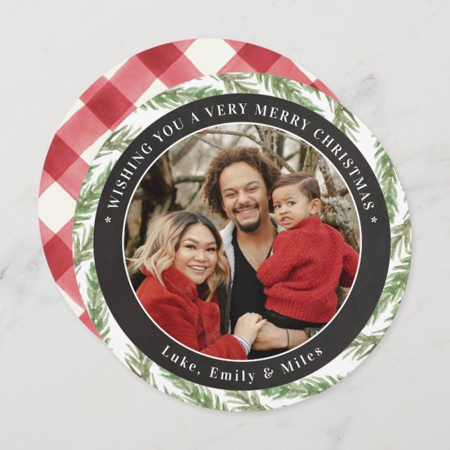 Round Photo Holiday Card with Festive Greenery (Front/Back)