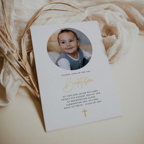 Round Photo Minimalist Baptism _ Gold  Foil Invitation