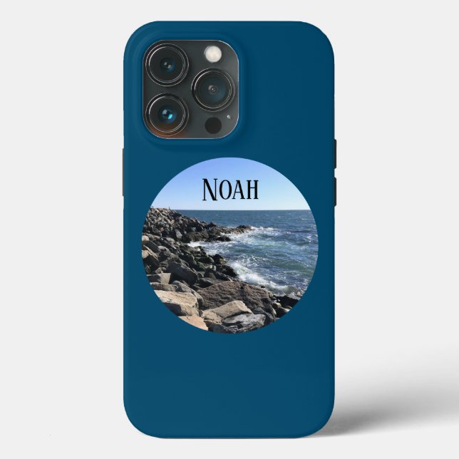 Round Photo of Atlantic Ocean Rocky Shore Blue Case-Mate iPhone Case (Back)