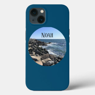 Round Photo of Atlantic Ocean Rocky Shore Blue iPhone 13 Case