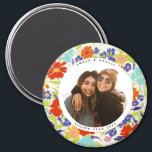 Round Photo Pretty Wildflower Frame with Text Magn Magnet<br><div class="desc">Celebrate a favorite moment with friends with this round photograph magnet and whimsical,  retro colored painterly wild flower pattern frame with editable text to memorialize a special event or person.</div>