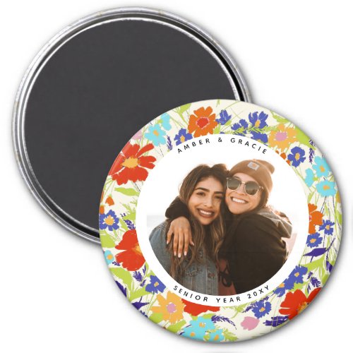 Round Photo Pretty Wildflower Frame with Text Magn Magnet