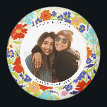 Round Photo Pretty Wildflower Frame with Text Magnet<br><div class="desc">Celebrate a favorite moment with friends with this round photograph magnet and whimsical,  retro colored painterly wild flower pattern frame with editable text to memorialize a special event or person.</div>