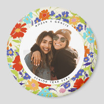 Round Photo Pretty Wildflower Frame with Text Magnet