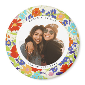 Round Photo Pretty Wildflower Frame with Text Magnet