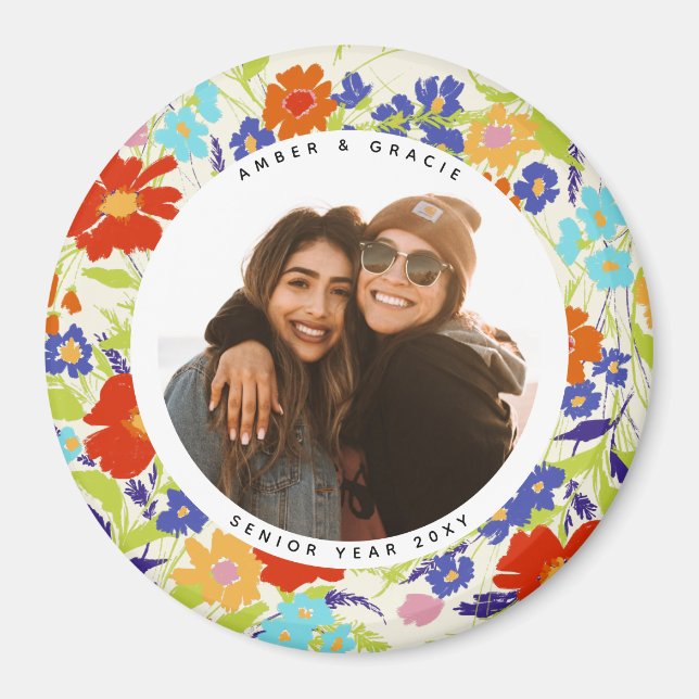 Round Photo Pretty Wildflower Frame with Text Magnet (Front)