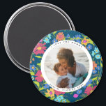 Round Photo Pretty Wildflower Frame with Text Magnet<br><div class="desc">Celebrate a favorite family moment with this round photograph magnet and whimsical,  navy blue,  painterly wild flower pattern frame with editable text to memorialize a special event or person.</div>