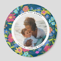 Round Photo Pretty Wildflower Frame with Text Magnet