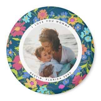 Round Photo Pretty Wildflower Frame with Text Magnet