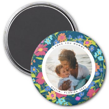 Round Photo Pretty Wildflower Frame With Text Magnet by 2BirdStone at Zazzle