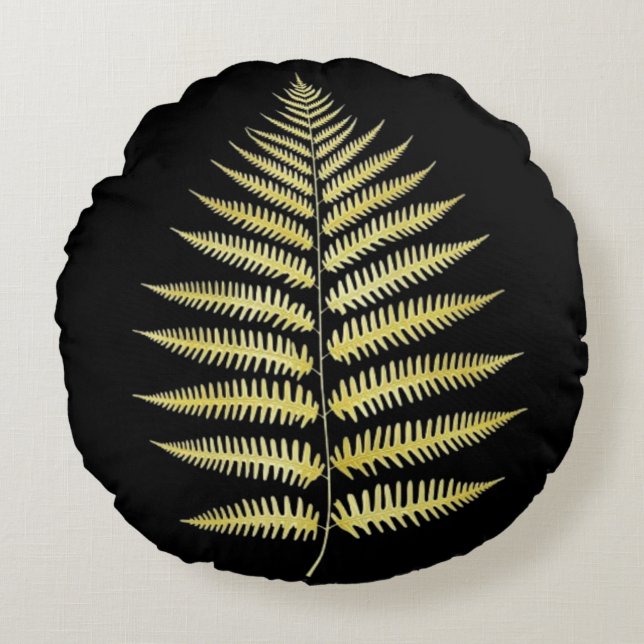 Round Pillow Gold Fern Leaf Luxe Botanical Art (Front)