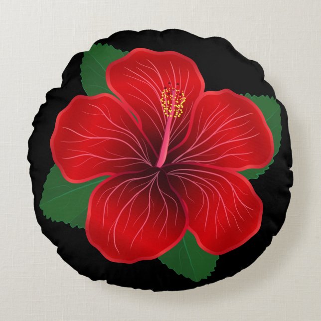 Round Pillow-Red Hibiscus Flower Pillow (Front)