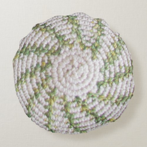 Round Pillow _ White and Green Spirals