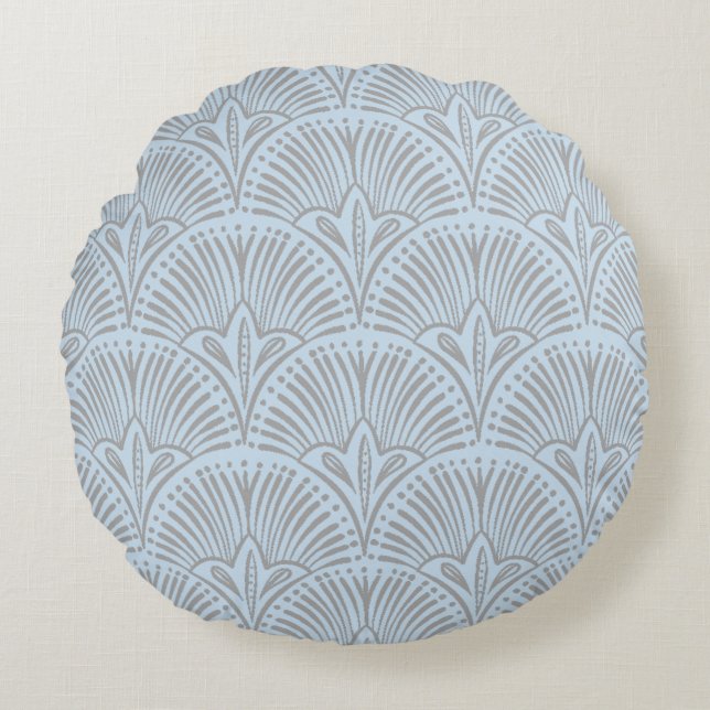 Round Pillow with Grey & Light Blue Fan Pattern (Front)