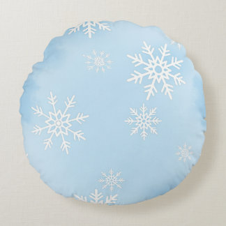 Round Pillow with White Snowflakes on Blue Backgro