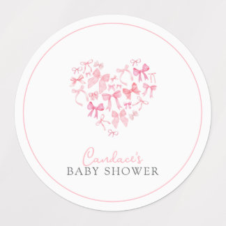 Round Pink Heart Bow Baby Shower favor sticker