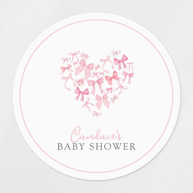 Round Pink Heart Bow Baby Shower favor sticker (Design 1)
