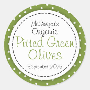 Round pitted green olives jam jar food label