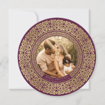 Round Plum+Faux Gold Celtic Holiday Photo Card