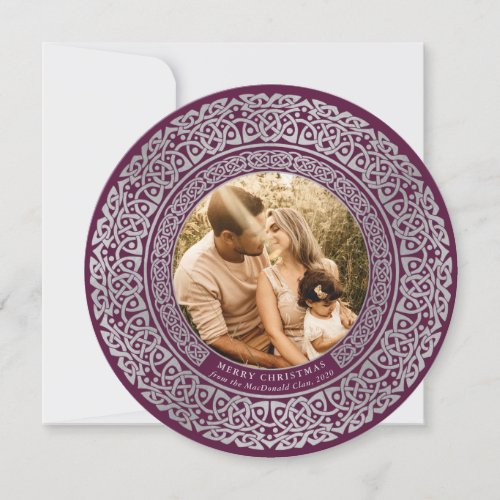 Round Plum+Faux Silver Celtic Holiday Photo Card