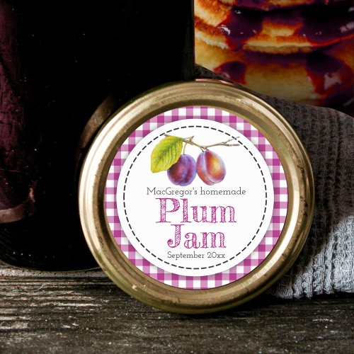 Round plum preserve or jam jar food label