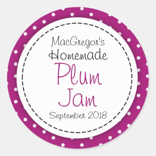 Round plum preserve or jam jar food label