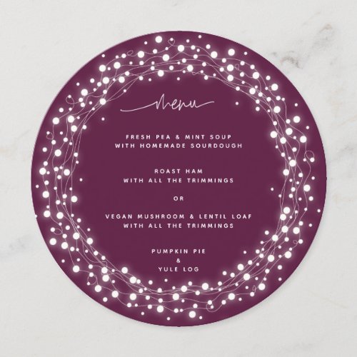 Round Plum Sparkling Lights Christmas Dinner Menu