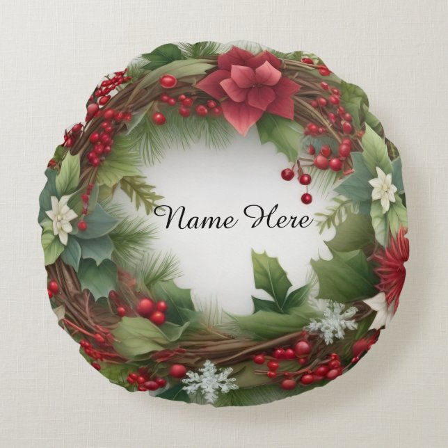 Round Poinsettia Throw Pillow (Front)