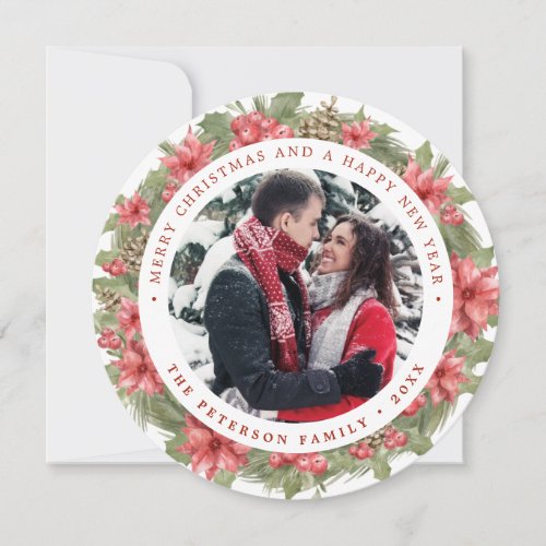 Round Poinsettia Wreath Christmas Photo Card