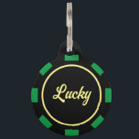 Round poker chip marker pet ID tag for dog or cat<br><div class="desc">High value round Las Vegas poker chip marker pet ID tag for dog or cat. Personalized pet identification tag for animals. Add your own pet name and phone number. Easy way to help retrieve your animal pet when lost. Available in small and big size. Large casino gambling gaming token coin...</div>